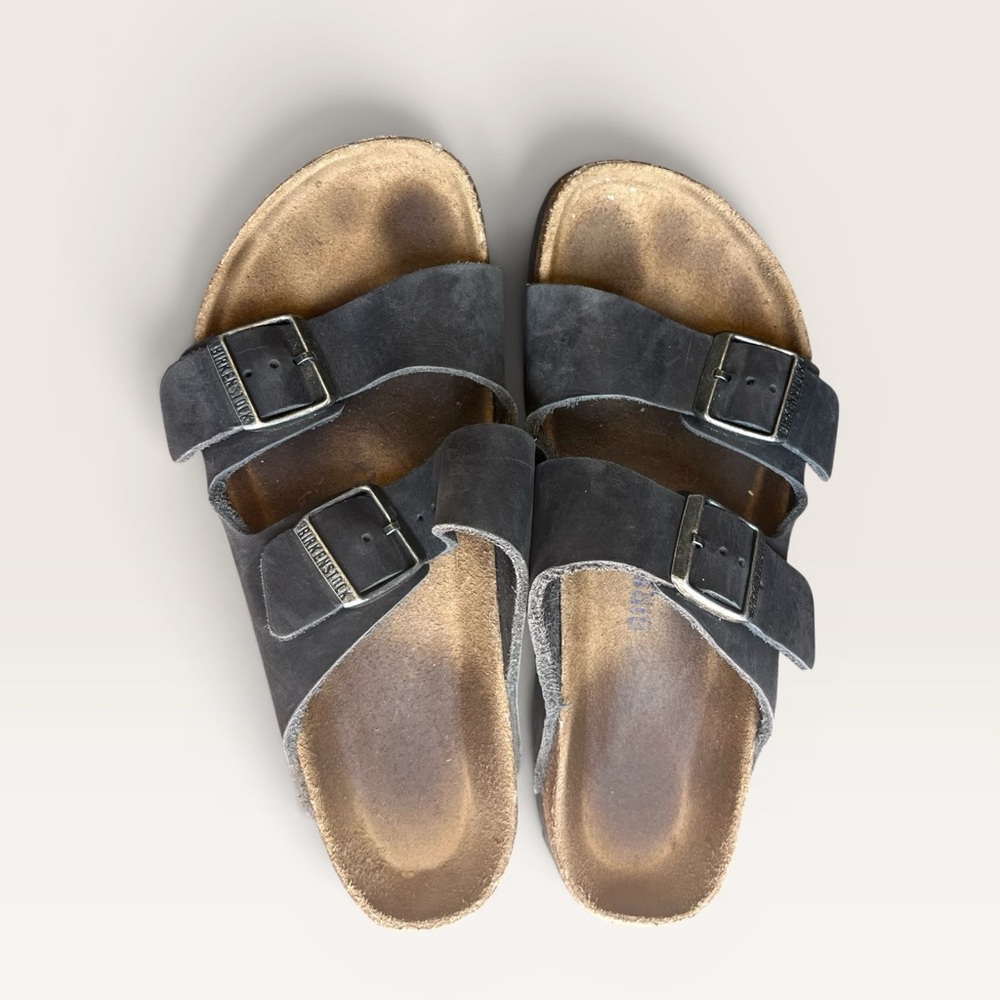 Birkenstock Arizona Black Leather Sandals Size 8 Double Strap Buckle Slides - Picture 3 of 10